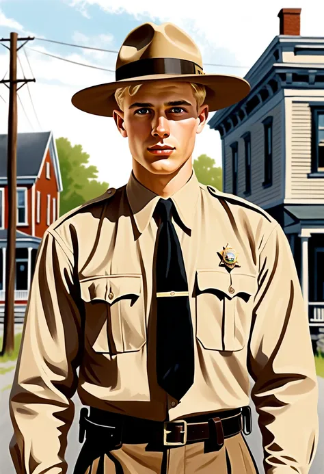 realistic proportions, Illustration, 1 man, 19 years old, slender, shaved, short dirty blonde hair, beige shirt, black tie, deputy, mountie hat, 1940s, upper body shot, small town in Massachusetts