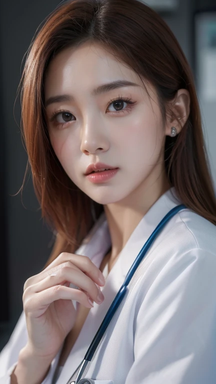 (High quality: 1.3), ( realistic: 1.3), ( realistic 피부 질감: 1.3), ((ultra high res.photorealistic: 1.4)), 8k, 최High quality, masterpiece. Female Nurse, Wearing a doctor&#39;s gown, without wearing underwear,  Sexy Pose .  Ultra Realistic , photography,   mu...