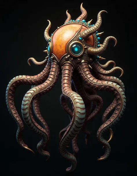 A fantastical creature with a large, ornate head and multiple tentacle-like appendages. The creature has a metallic, steampunk-inspired appearance with intricate details and a vibrant color palette of browns, golds, and blues. The background is dark, addin...