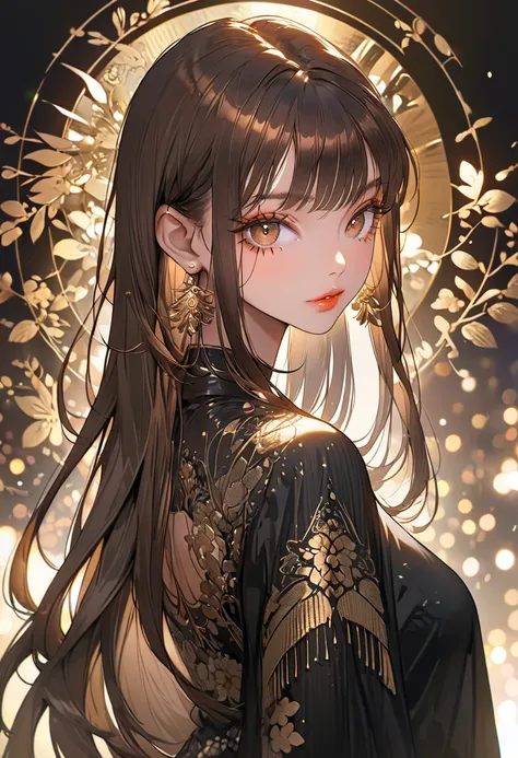 The background is a festival，(Highest quality,Very detailed,High resolution:1.2),beautiful girl，Brown straight hair,Brown bangs，very_Long eyelashes, Detailed lips, Cool look, Soft Skin, Shiny Hair,Exquisite makeup,Looking back at me