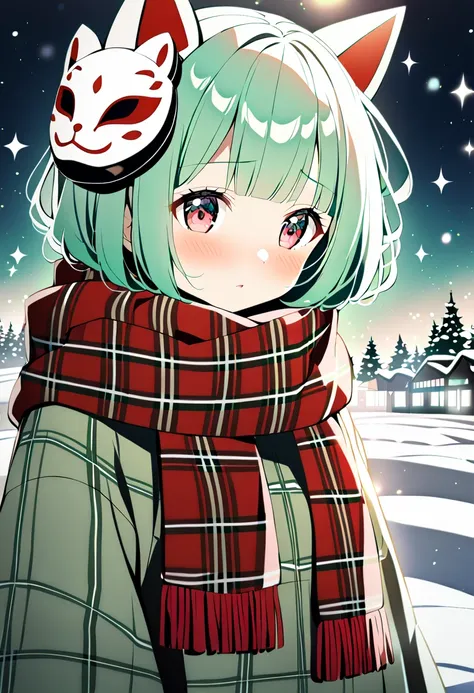 1girl, Alone, bangs, black green hair, short hair,Pale red eyes, eyebrows visible through hair, sparkle,snowy town, glint, lens flare, plaid scarf, blunt bangs,aihara tsubaki（unseen）,Green off-shoulder kimono,Red checked scarf,Put a fox mask on the side of...