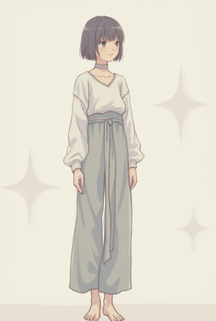 An anime-style woman with short hair wearing long-sleeved pants stands with her hands falling naturally