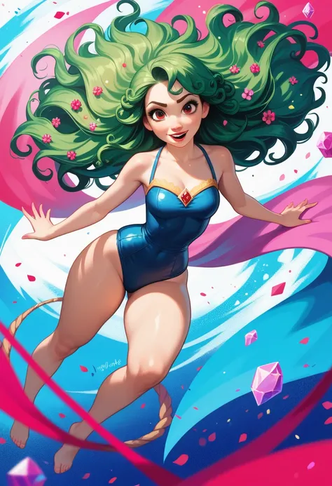 ((  masterpiece :1.2,  best quality)),  ultra detailed,  Ultra-accurate representation, Ultra-detailed representation, (tangled:1.2), ( dynamic pose ), (abstract background:1.5), long wavy hair,  green hair,  crystal blue swimsuit ,  thick thighs , big red...