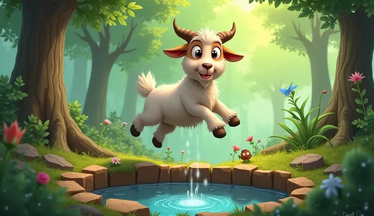 A thirsty cartoon goat(white and brown haired)  was jumping into a deep dry well with no water inside  ( horizontal ) in a forest 