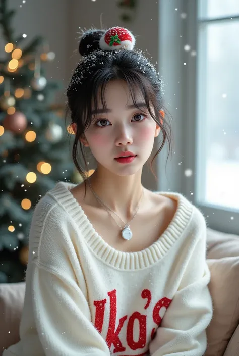 photorealism: 1.2), beautiful  girl, little s Korean , sitting in the living room, snowy atmosphere snow, beautiful almond eyes, beautiful thick eyebrows, small sharp nose, sweet pink lips, wearing a Christmas sweater white with a snow design, only half of...