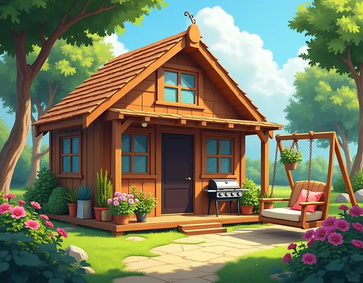 Hi! I need a picture of a summer house. Small wooden house with a back patio, the patio has gardening supplies, a barbecue and a swing. Thank you