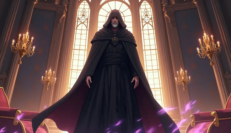 an old sorcerer in a dark robe, in the background of the majestic royal chamber . anime cartoon 