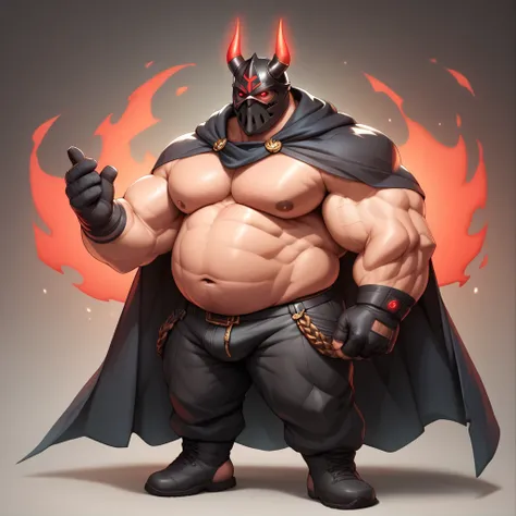 a big giant man with musclegut tall body with big fat belly using black cape, black gloves, black pants and masked that cover all the face. Full body, standing, solo, 1man, very big, very tall, very wide, very muscular, very fat, big gut, glowing red eyes.