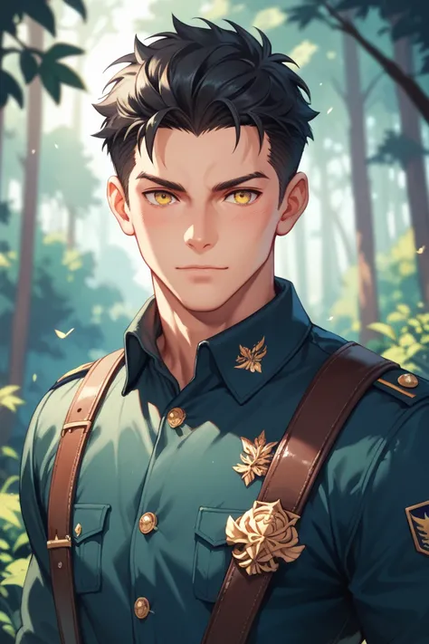 Male, black hair, yellow eyes, wear an fantasy uniform in dark tine with red, handsome, stay at the forest 