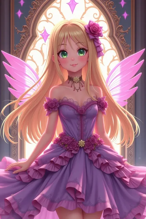 Digital illustration of anime girl character, long hair, cute blonde hair, green eyes, sweet face, cute smiling, big breasts, big breasts, beautiful purple pink dress, pink wings, purple diamonds, luxurious background