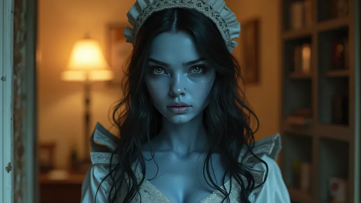 A sexy blue alien girl with a deep, detailed face and long hair, is in maid dress, in a house.