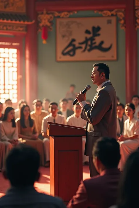 Referring to the image, a person similar to the image is holding a microphone and giving a lecture at a place where Asian people gather