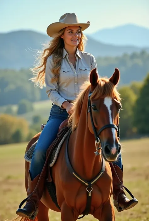 DSLR photo, beautiful girl riding a horse, blond hair, blue jeans, elegant brown leather boots, cowboy hat, realistic 