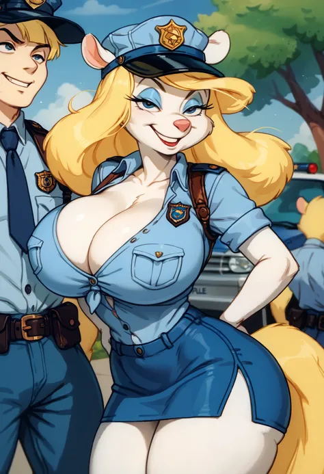 Minerva mink,At the police station with a boy , huge breasts,huge ass, cap and short police vest with mini skirt, long yellow hair, blue eyes, white fur ,long hairy yellow tail ,little ears, mischievous smile,