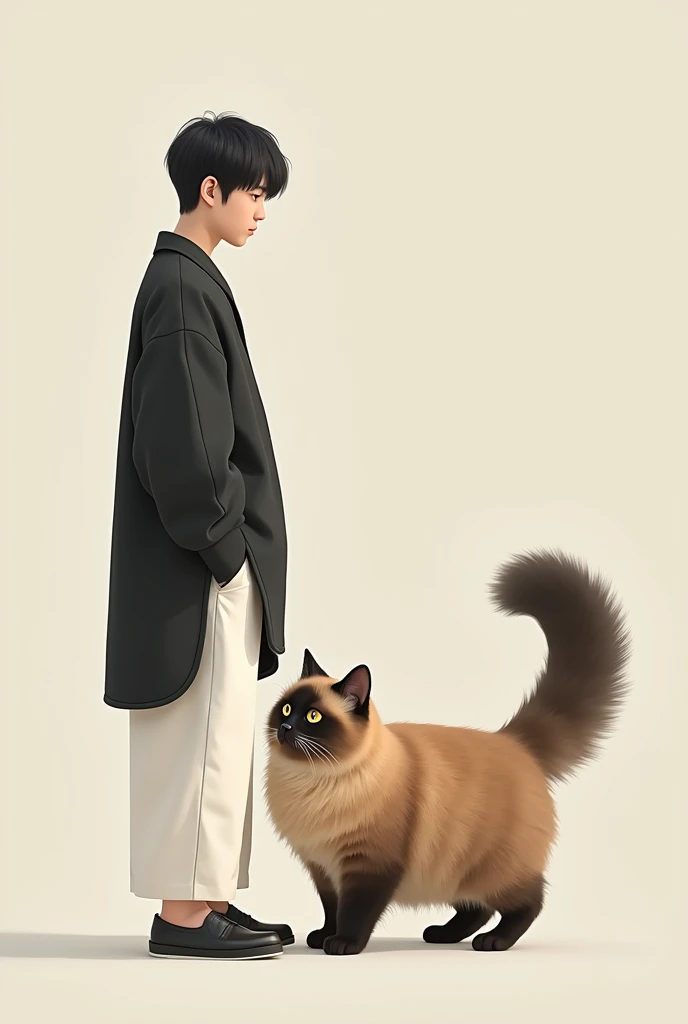 A 25-year-old young man of Korean nationality in white black trousers next to him is the tail of a large Persian cat 170 cm tall