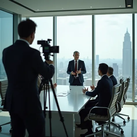 A natural, ultra-realistic shot of a minimalist video crew capturing a corporate strategy meeting in a sleek boardroom. The videographer uses a Sony FX3 camera on a tripod, focusing on an Indonesian male CEO in his 50s presenting ideas with enthusiasm to a...