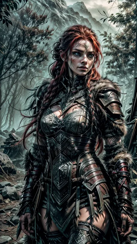 A beautiful and sexy Nordic raider woman dressed in wolf skin armor, heavy wolf eyeliner, heavy eyeshadow, beautiful refined face detail, bright green eyes, crooked smile, mischievous glint in her eye, perfect legs, brazen energy, adventurous spirit, Lusci...