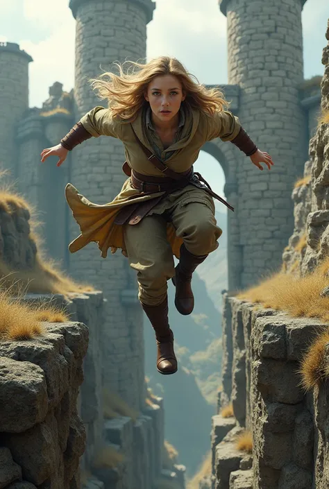  Ronja robber daughter dark blond some  in front of an old fortress ruin in worn clothes , who jumps over a crevice 