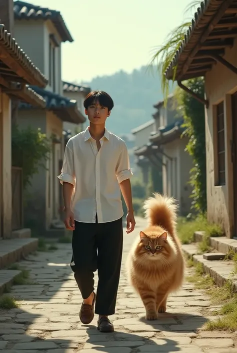 A 25-year-old young Korean man in white black trousers next to him there is a large 170 cm tall Persian cat walking together in the middle of a deserted village