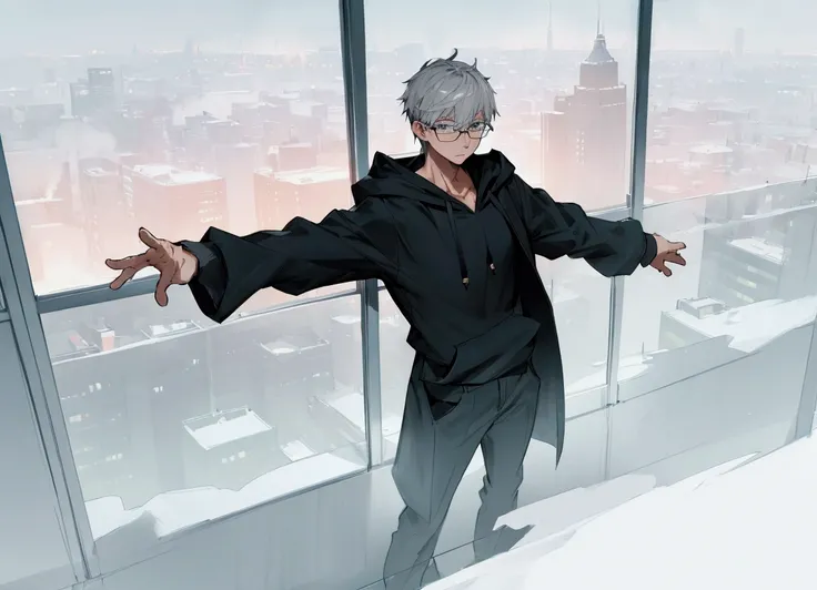  realistic magic for men with short hair , Gray hair, Wearing glasses,  wearing a black hoodie ,  fearful expression , Standing, Night office setting ,  night architecture in the landscape outside the window  