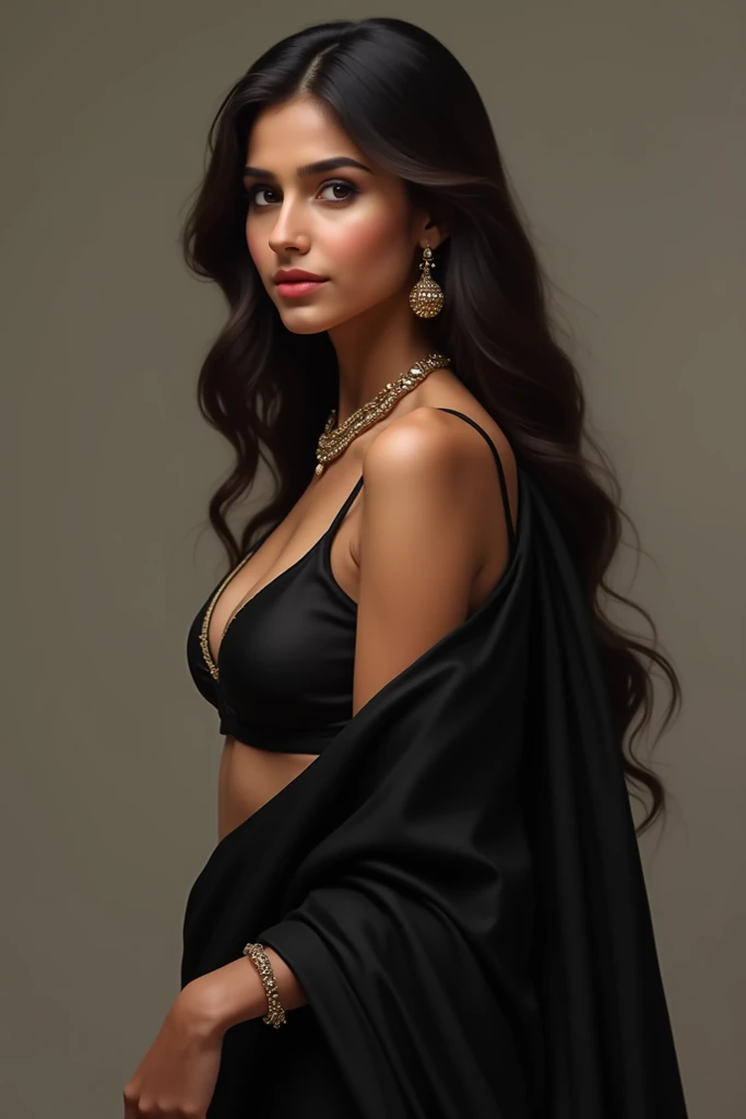 A Indian girl in hot black saree visible waist and boobs, earings necklace long hair bright skin colour perfect face perfect smooth jaw line slim waist tall hight 