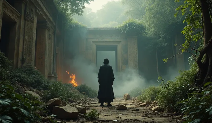 Keanu Reeves standing in the ruin of mummy temple in forest, fire and ashes are everywhere. 