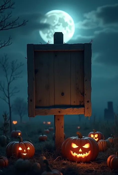 Halloween background , Night with moon , a big sign of wood empty nothing in it , pumpkin Halloween background , principal the sign empty in the image 4k