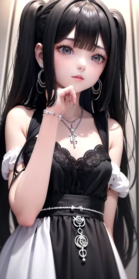 Top quality masterpiece illustrations、 dark eyed hair 、Wearing multiple necklaces、Wearing earrings、A  in a black and white dress looks up 、 Its fair to look up and have a cute, elegant face and hair in a vertical position with long hair at the bottom、More ...