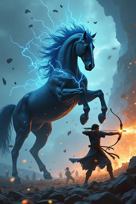 A dark horse with blue electricity all over its body running towards the archer.  That archer is pointing the fire arrow towards the horse. The arrow tip is filled with green smokes. The background sky is metallic icy stone falling down the sky. There are ...