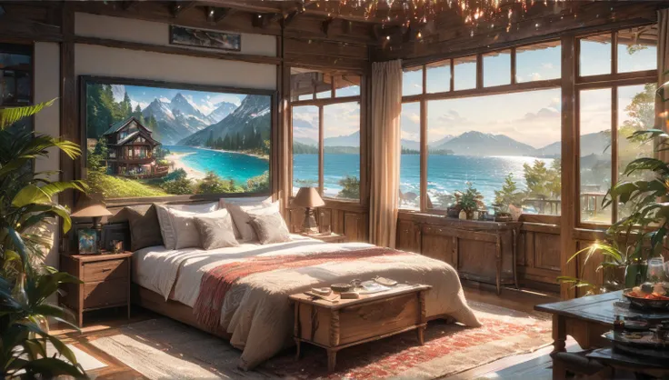 Vacation Homes, Large windows and beautiful views,Wood Lodge, in the room,  blur the background  ,Pleasant sea breeze,glitter effect,  best quality , 8k,  high definition ,   Masterpiece :1.2,  very detailed, Realistic:1.37,  high definition , 超 high defin...