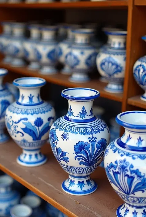  there are several white and blue Talavera vases on display in a store,  crafts and souvenirs , ceramics,  traditional art from Puebla , art ceramics, ceramic, ceramics,  delft ceramics , handmade ceramics,  Mexican folk art ,  artisanal art , Puebla,  ela...