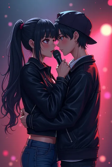 anime style, 2 people, boy and girl, apt theme, best friends, both of them were wearing black leather jackets,the woman tied in two ponytails, the man was wearing a backwards hat, embracing each other, the woman in the left side of the man,the woman sings ...