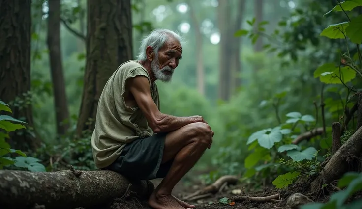  Picture of an Indonesian renta old grandfather in shabby clothes sitting on a collapsed tree in a dense forest, Next to him was a giant white tiger tail that once stood by the old grandfather..  The atmosphere of a dense forest with a large tree around hi...