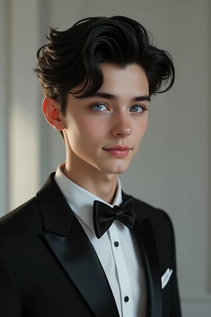 A young charming handsome hot teenage man with majestic black hair and blue shining eyes wearing a tuxedo 