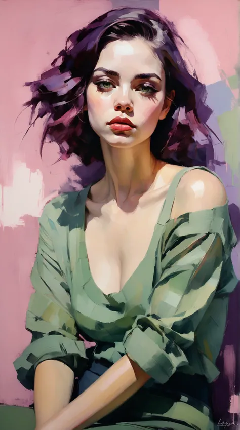 Create a portrait of a young woman in a semi-reclining pose with a pensive expression. Use a painterly style inspired by Malcolm Liepke, characterized by expressive brushstrokes and rich texture. Employ a color palette of muted greens, soft pinks, deep pur...