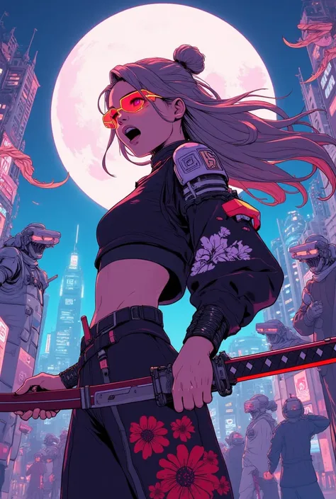 a woman with long hair and wearing digital red glasses and black croped top kimono with sakura patern and some of cyberwere and armor, she is in fight motion action pose, she fights against several robots and shouts in front of a neon city background with ...