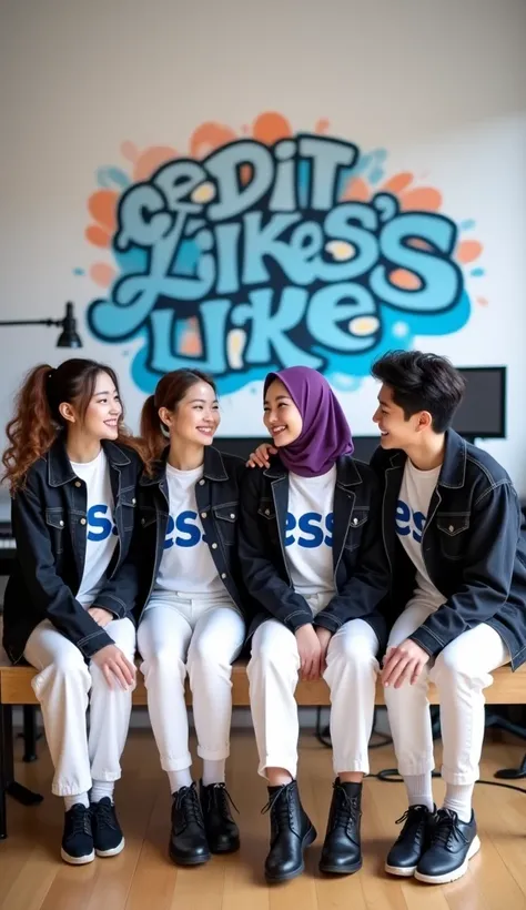 professional photography of friendship of 4 people. namely a beautiful Korean woman with blackish pink hair that is wavy in a ponytail. also 1 beautiful Korean woman wearing a long and wide purple hijab that covers her front chest. and 2 handsome Korean me...