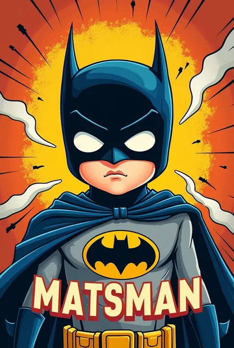 Erstelle mir ein poster im american comic style.  Batman can be seen with a baby face under the mask. The title should be Matsman 