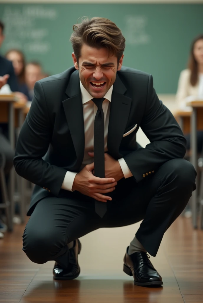 Handsome professor in a college classroom ，Handsome young businessman，Sexy and charming，Brazilian men，Mens crotch testicles hurt a lot，Man kneels with legs on the ground，Hold the crotch testicles with both hands， holding crotch testicles with both hands 。B...