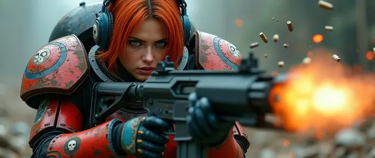 Wide shot of a space marine with skull emblem engraved on her heavy armor, heavy armor with red and blue color patterns, a woman with orange-red hair cut in a bob style, angry and screaming with rage and fury in the heat of combat, very long wavy hair, wit...