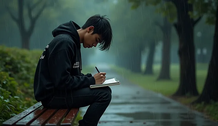 Prompt:
A young man wearing a black hoodie with "SANG PENULIS" written across it, paired with black jeans and nude-colored shoes, walks through a narrow pathway in a park soaked by heavy rain. He stops at an empty park bench, its surface glistening with ra...