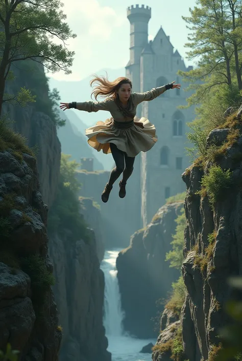   dark-blond Ronja robbers daughter jumping over a gorge . In the background you can see a ruin of a castle . 