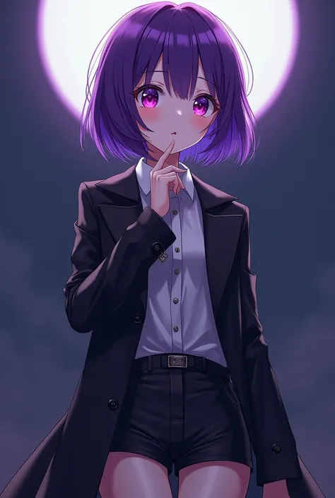 A young girl with purple Short hair, eyebrows and eyes as beautiful as the moon dressed in a black coat and black panties anime.