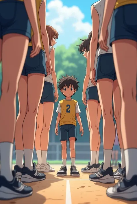  A small male student who took a volleyball club class at a girls high school. All girls have thick thighs and are tall 