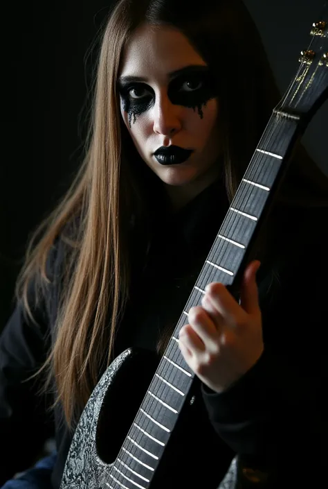 a close up of a person with a guitar in a dark room,  beautiful Slavic woman, pale skin, long light brown hair, long straight hair, black metal style, black metal aesthetics, black metal, metalhead, felix englund style, black metal rococo, just art for dar...