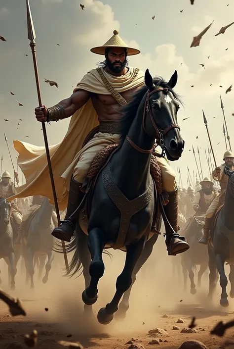 A picture of Antara bin Shaddad, a strong black man riding on his black horse, holding a spear in his hand and fighting among enemies and arrows 
 The spears follow towards him to target him, but he fights with his warrior hat
