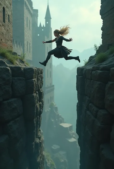   dark blonde Ronja robber daughter jumps over a crevice, Who divided the castle in two 