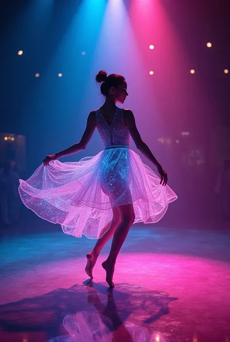 digital neon artwork of a cyberpunk dancer dancing gracefully in a glowing stage, featuring flowing holographic dress, with neon spotlight"
