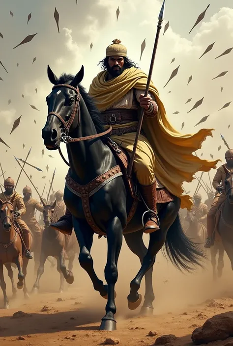 A picture of Antara bin Shaddad, a strong black man riding on his black horse, holding a spear in his hand and fighting among enemies and arrows 
 The spears follow towards him to target him, but he fights with his warrior hat
