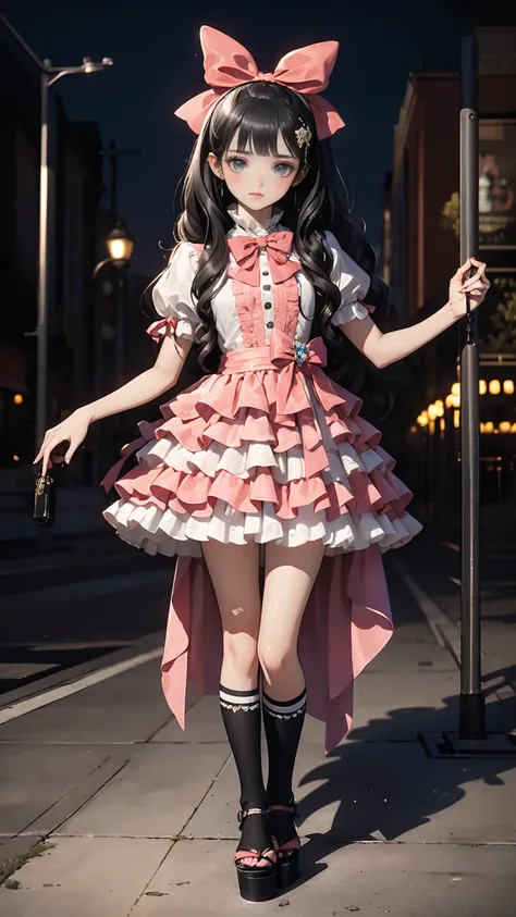  best quality,   Masterpiece , Realistic, photoRealistic, 1peopleの女の子, Alone, smile,  black hair,  long hair,  standing, whole body, cyb  dress,  dress, pink  dress, layered  dress, frilled  dress, Short sleeve, Bloomers, white Bloomers, ribbon, bowtie, fr...